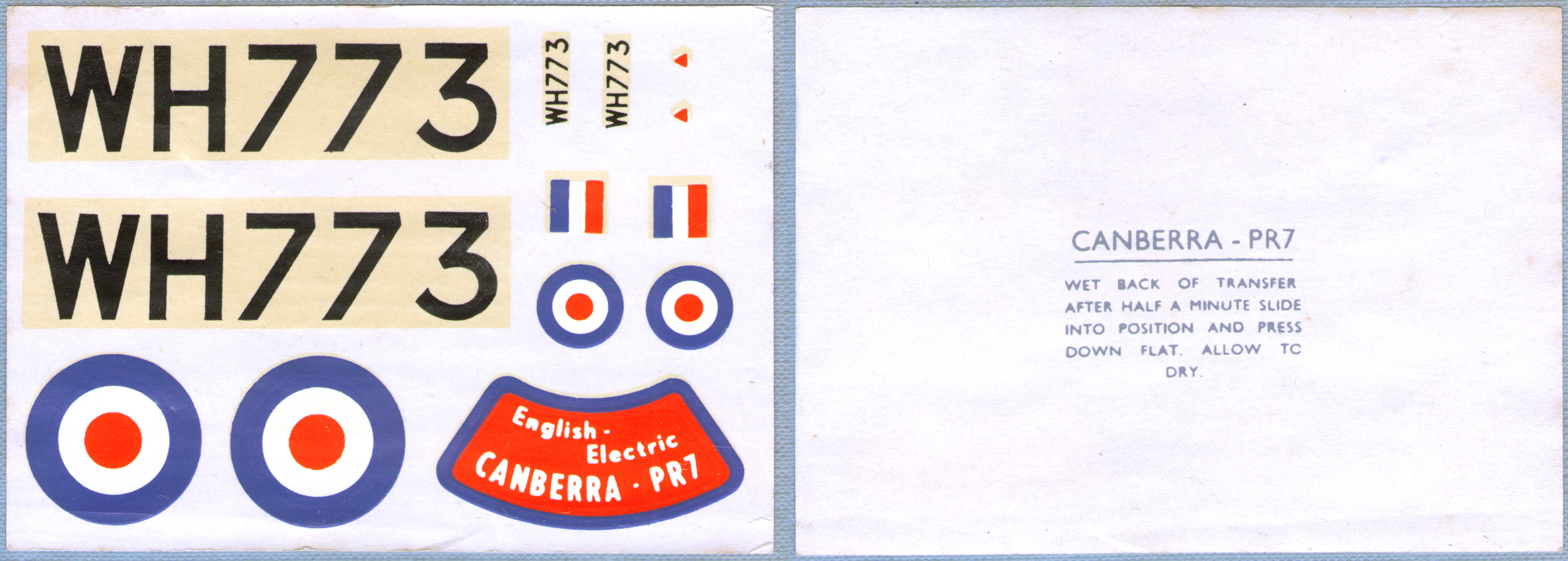 FROG 323P English Electric Canberra PR.7, IMA, 1956 decal sheet